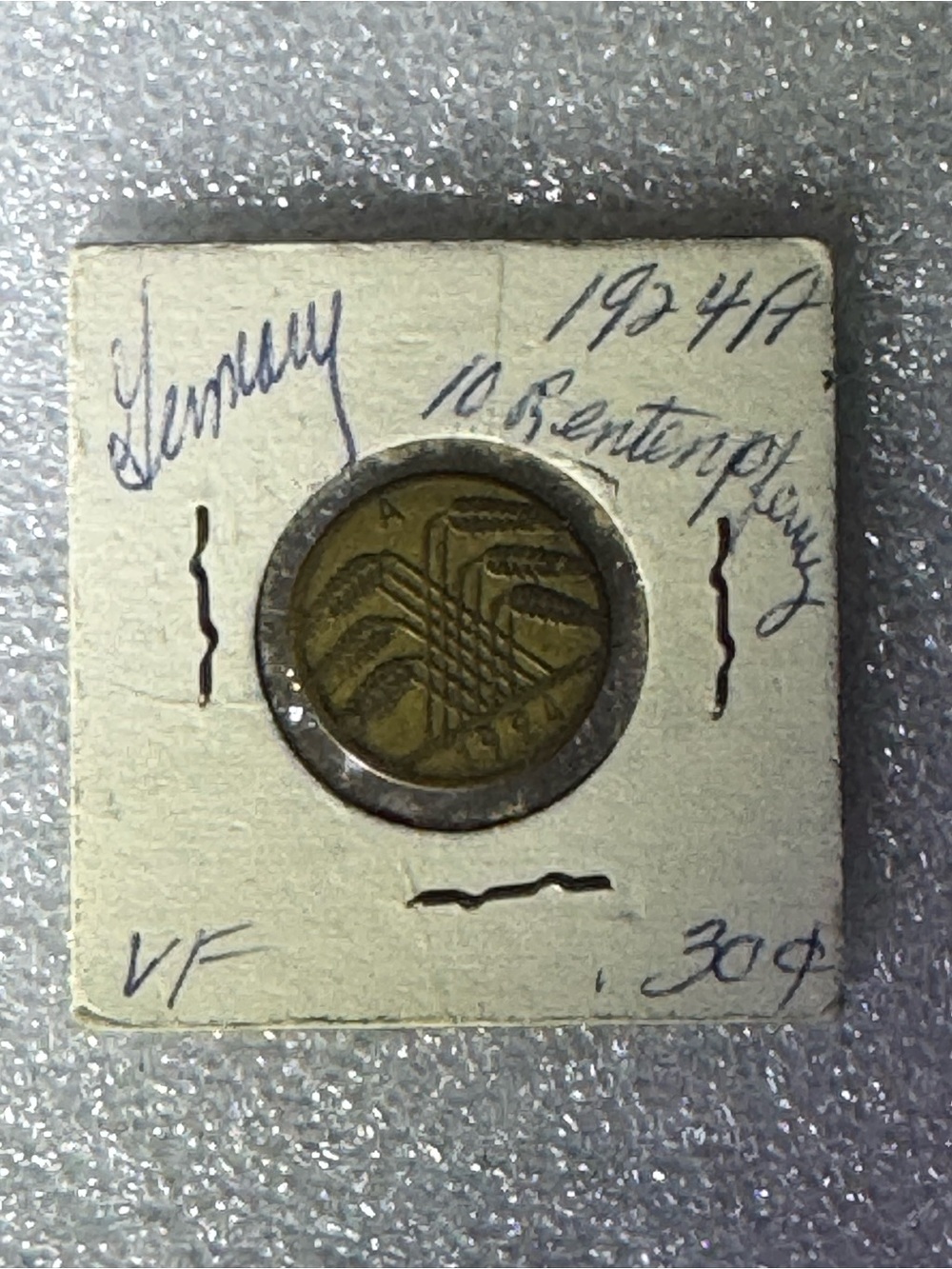 1924-A German Weimar Republic 10 Rentenpfennig Coin